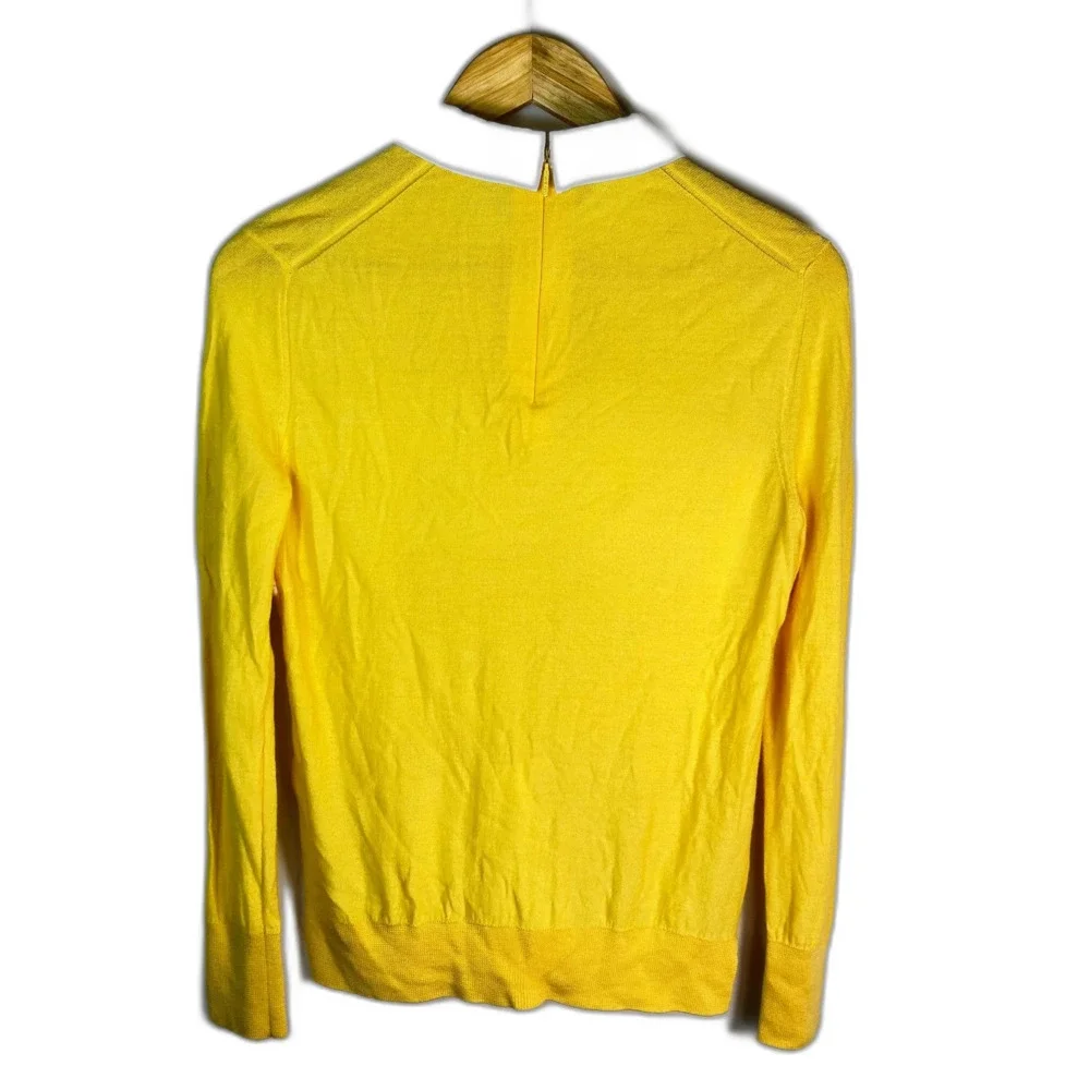 Tory Burch Womens Yellow Merino Wool Embroidered White Collared LS Sweater Sz M